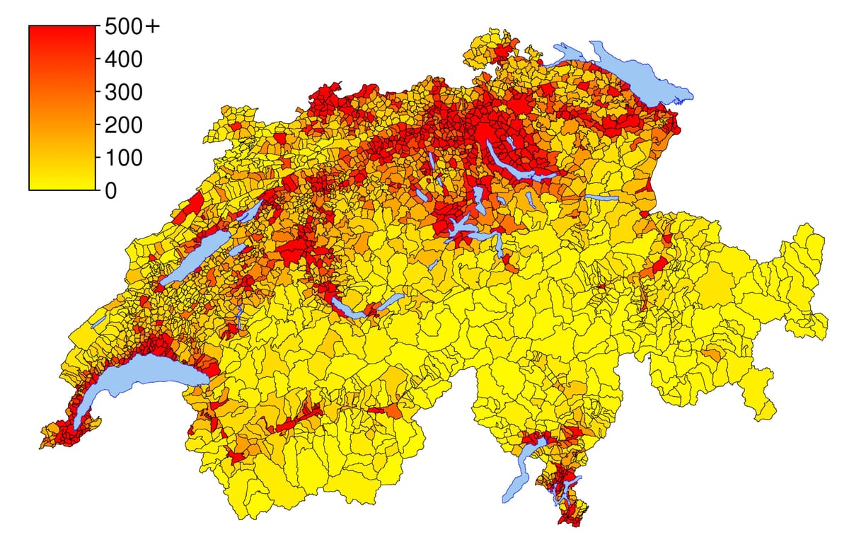 स्विट्जरलैंड जनसंख्या घनत्व नक्शा