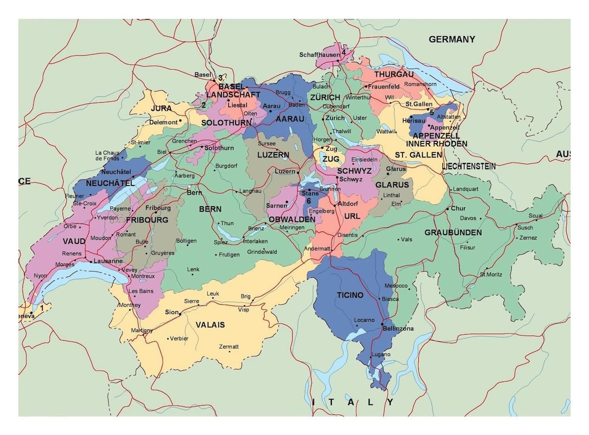 के मानचित्र स्विट्जरलैंड के साथ शहरों और कस्बों