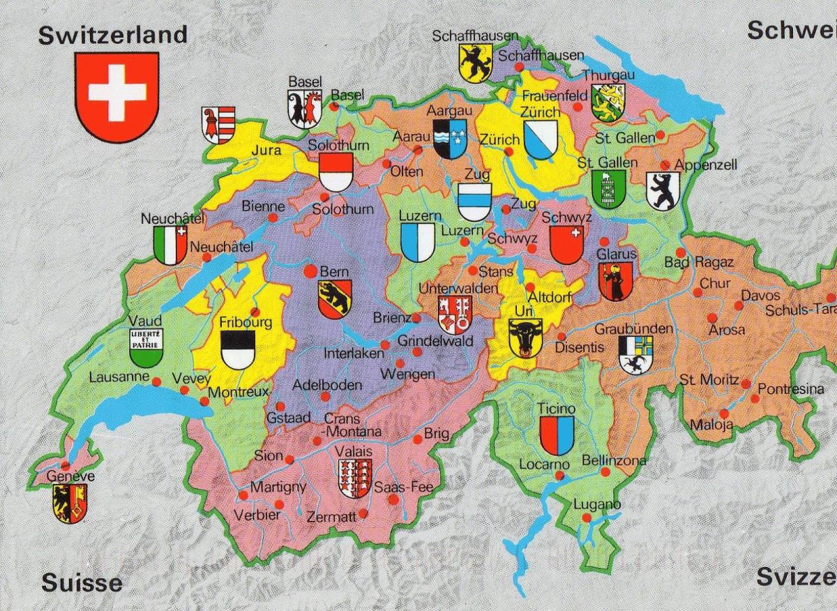 के मानचित्र स्विट्जरलैंड के साथ पर्यटकों के आकर्षण