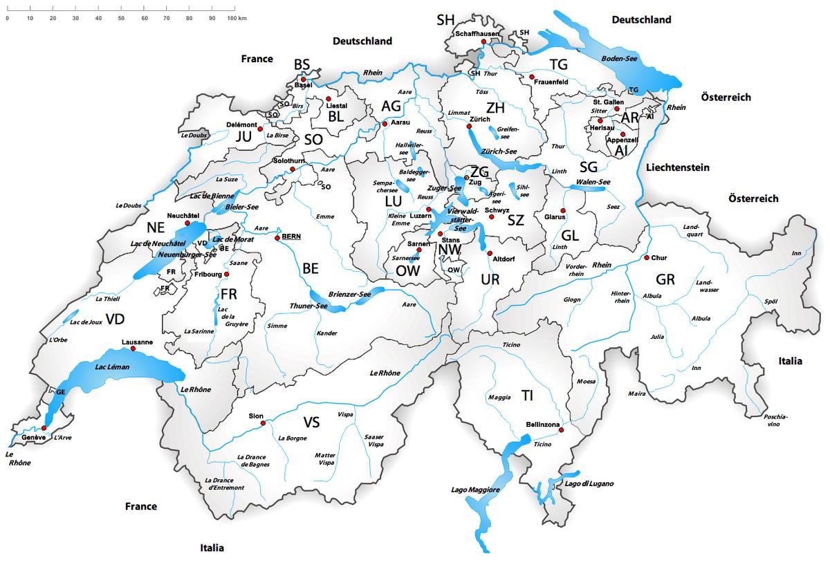 स्विट्जरलैंड नदियों का नक्शा