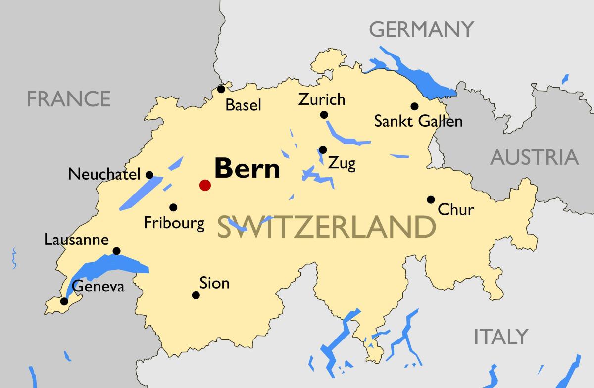 मानचित्र स्विट्जरलैंड के प्रमुख शहरों के साथ