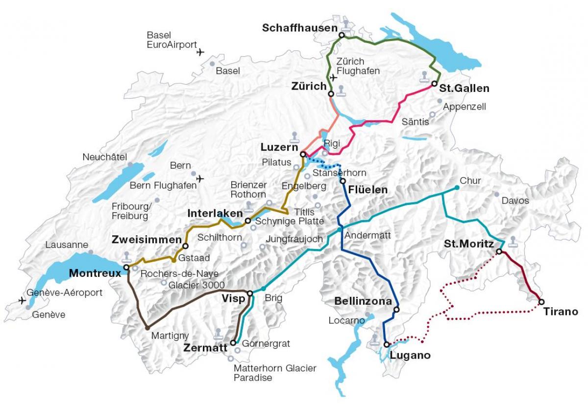 स्विट्जरलैंड सुंदर ट्रेन मार्गों का नक्शा